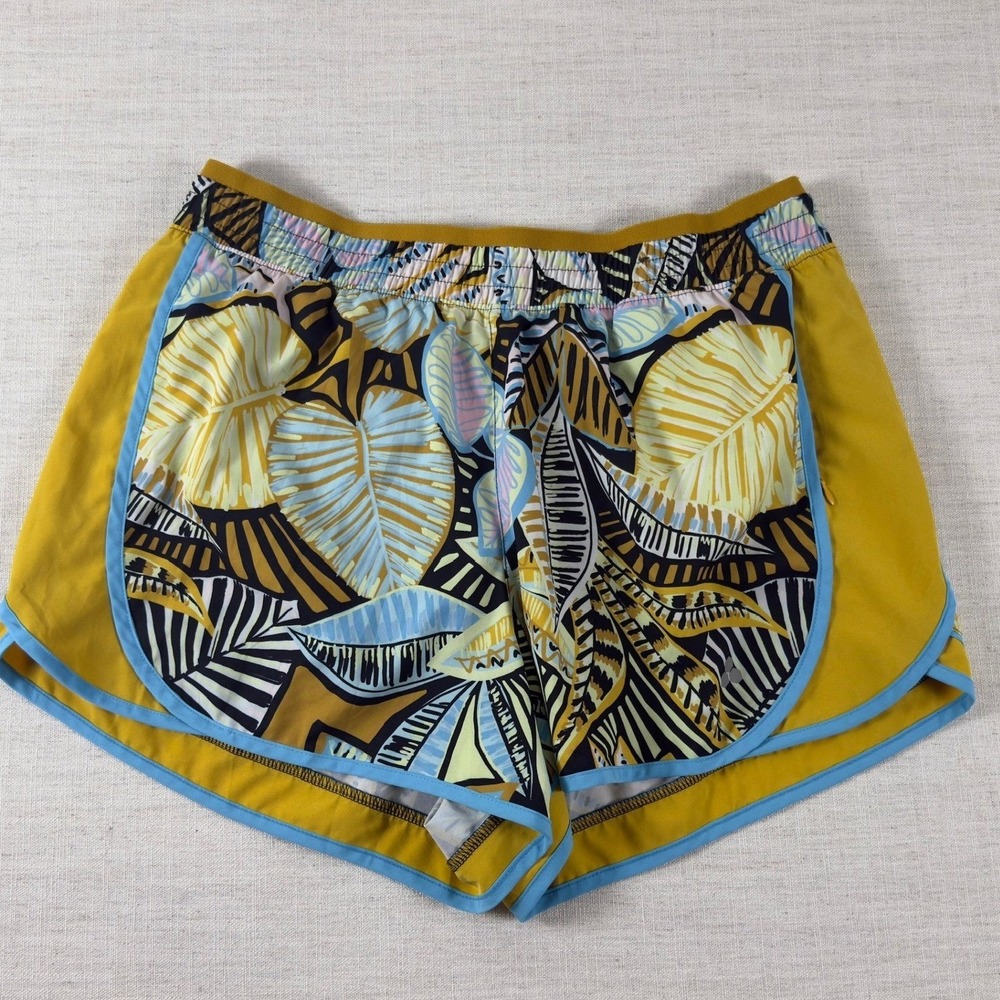 Tek Gear Womens XL Tropical Leaf Print Athletic Shorts Yellow Blue Workout Gear